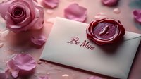 Romantic love letter sealed with red wax stamp and text Be Mine surrounded by pink rose petals and soft lighting on pink background, Valentine's day concept.