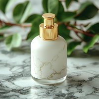Luxurious marble-textured cosmetic bottle with gold pump dispenser on marble surface, green foliage background. Elegant packaging for beauty products.
