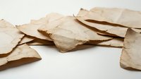 Torn brown paper pieces scattered on white background, perfect for crafting projects, scrapbooking, and vintage design elements.