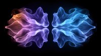 Abstract colorful smoke shapes in blue, purple, and orange tones on black background, creating symmetrical flowing forms for creative design projects.