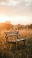 Wooden bench in golden wheat field at sunset with warm light and blurred forest background, suitable for relaxation, nature, and outdoor lifestyle concepts.
