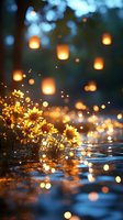 Magical evening scene with glowing sunflowers by water reflecting floating lanterns in sky, creating dreamy atmosphere with sparkling bokeh lights and ripples.