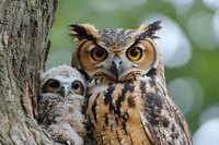 Great horned owl mother protectively watching over fluffy owlet nestled in tree cavity against soft bokeh background of forest greenery.
