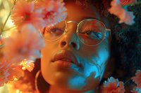 Young African American woman with glasses in dreamy neon lighting surrounded by soft floral elements, combining warm orange and cool blue tones for artistic portrait photography.