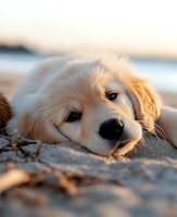 Adorable Golden Retriever puppy lying on sandy beach at sunset, close-up portrait showing expressive eyes and gentle expression, warm golden hour lighting.