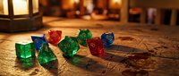 Colorful polyhedral gaming dice scattered on wooden table with warm candlelight creating atmospheric tabletop gaming scene for RPG adventures and board games.