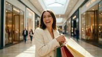 Young Hispanic businesswoman laughing joyfully while carrying colorful shopping bags in modern mall corridor with bright storefronts and skylights overhead.