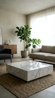 Modern minimalist living room with marble coffee table, houseplants and natural light creating serene contemporary home interior design atmosphere.