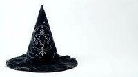 Black witch hat with mystical symbols and runes on white background. Occult accessory for Halloween costume, fantasy roleplay, or magical themed events.