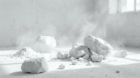Pile of white concrete rubble and dust scattered across floor in abandoned industrial interior space with sunlight streaming through window.