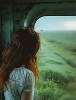 Young Caucasian woman with long blonde hair in white lace top gazing through train window at passing green rural landscape, creating nostalgic summer travel mood.