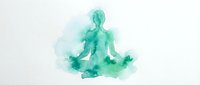 Silhouette of person meditating in lotus position with turquoise watercolor wash effect on white background, suitable for wellness and mindfulness design projects.