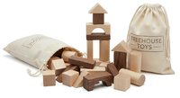 Wooden building blocks set with natural and brown pieces in cotton storage bags for educational play and creative construction activities.