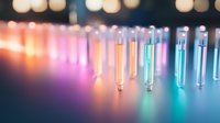 Glowing test tubes with colorful luminescent liquids in laboratory setting create magical bokeh effect against dark background. Scientific research concept.