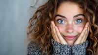 Young Caucasian woman with bright blue eyes, freckles and curly brown hair wearing gray sweater smiles warmly while resting face in hands against blurred background.