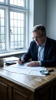 Senior male professional, Caucasian, wearing glasses and business casual attire, reviewing architectural blueprints at wooden desk by large gridded window. Suitable for business, architecture, planning, and professional services concepts.
