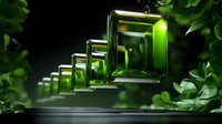 Glowing green glass cubes arranged in diminishing perspective with natural foliage elements creating modern minimalist composition against dark background.