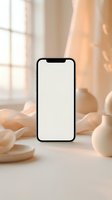 Smartphone with blank white screen displayed on minimalist beige surface surrounded by soft fabric and ceramic objects, ideal for app mockups and mobile interface presentations.