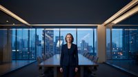 Professional businesswoman executive standing confidently in modern corporate boardroom with city skyline view during evening hours.