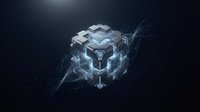 Glowing crystalline cube with electric energy streams on dark background, representing technology, innovation, and digital transformation concepts.