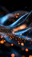 Abstract flowing waves with glowing orange particles and sparkles against dark background create magical atmosphere for modern design projects and presentations.