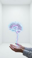 Glowing neon brain floating above open palm in white room representing artificial intelligence, mental health, neuroscience and cognitive technology concepts.