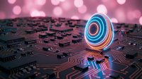 Glowing neon egg-shaped hologram on circuit board with bokeh background, representing technology, innovation, and digital transformation for tech presentations.