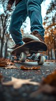 Close-up view of skateboarder feet in sneakers on board against autumn park background with fallen leaves on ground, moody orange and teal color scheme.