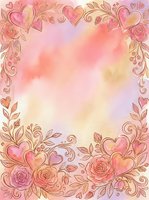 Watercolor heart and rose border frame with ornamental flourishes on soft pastel background, ideal for wedding invitations, greeting cards, and romantic design projects.
