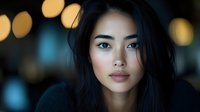 Young Asian woman with long dark hair and blue eyes looking directly at camera against blurred city lights background at night for portrait photography.