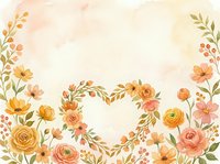 Watercolor floral background with heart shape, warm peach and orange roses, wildflowers, green leaves, soft pastel texture for cards.
