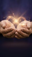 Elderly hands cupping glowing infinity symbol with golden light rays and bokeh effects on dark purple background representing eternal love and endless possibilities.