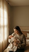 Young mother holding newborn baby in cozy bedroom with warm natural light streaming through curtains creating intimate bonding moment for family lifestyle.