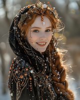 Young woman in ornate black medieval fantasy costume with jeweled crown and embellishments, long red hair, smiling warmly in winter forest setting.
