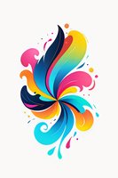 Vibrant swirling abstract floral design with dynamic curves and splashes in rainbow colors on white background, featuring navy blue, pink, orange and turquoise gradients.