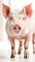Adorable young pig with pink ears standing on white floor looking directly at camera in bright indoor setting for farm and agriculture concepts.