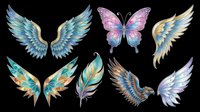 Watercolor wings and butterfly collection isolated on transparent background, ready for t-shirt design, clipart, stickers, sublimation and print-on-demand projects.