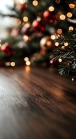 Festive Christmas background with defocused golden bokeh lights and pine branches over dark wooden surface, creating magical holiday atmosphere.