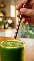 Close-up of hand holding metal straw over fresh green juice in glass. Sustainable drinking alternative for eco-friendly lifestyle and healthy beverage consumption.