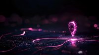 Glowing pink location pin marker on dark digital map with illuminated paths and bokeh effect, futuristic navigation concept for technology backgrounds.