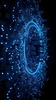 Glowing blue circuit board patterns with illuminated nodes and pathways forming an abstract digital brain or neural network structure on dark background for technology and AI concepts.