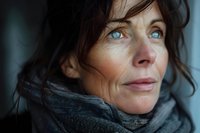 Close up portrait of mature woman with striking blue eyes and dark curly hair wearing gray scarf, looking away pensively. Natural window lighting creates soft shadows.