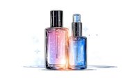 Watercolor style perfume bottles with gradient colors from pink to purple and blue, elegant glass containers with silver caps on white background.