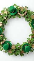 St. Patrick's Day wreath with green leprechaun hats, golden horseshoes, shamrock leaves and coins arranged in circular frame on white background for holiday decorations.
