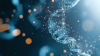 Glowing DNA strand structure with orange bokeh lights on dark blue background, scientific molecular concept showing genetic research and biotechnology.