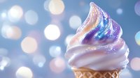 Swirled soft serve ice cream with holographic rainbow shimmer on waffle cone against dreamy bokeh background, magical dessert photography.