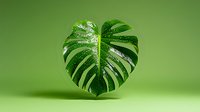 Fresh monstera leaf with water drops floating on green background, minimalist botanical composition for natural cosmetics and spa design.
