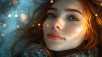 Young woman with glowing skin and red hair gazing upward dreamily against blurred bokeh lights background creating magical atmospheric portrait with warm golden highlights.