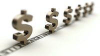 Dollar signs lined up on dollar bill showing financial growth and increasing value in business concept. Money symbols fade into distance on white background.
