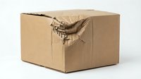 Damaged cardboard shipping box with torn corner revealing internal structure, isolated on white background for packaging design concepts.